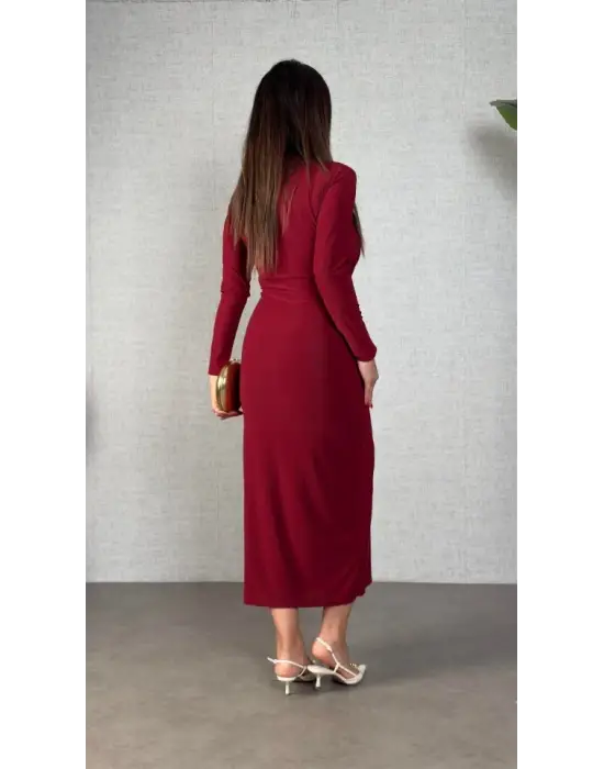 Kadın Balıkçı Yaka Toka Detay Sandy Kumaş Midi Boy Elbise