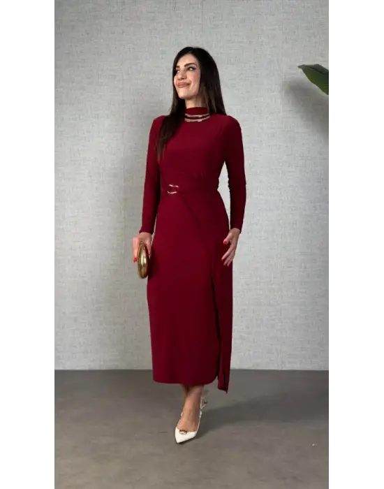 Kadın Balıkçı Yaka Toka Detay Sandy Kumaş Midi Boy Elbise