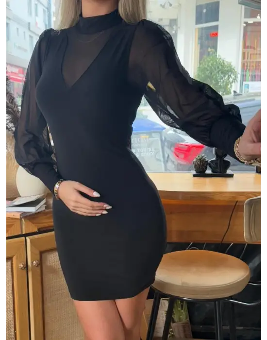 Kadın Balıkçı Yaka Transparan Detay Fırsat ürün Sandy Kumaş Mini Elbise