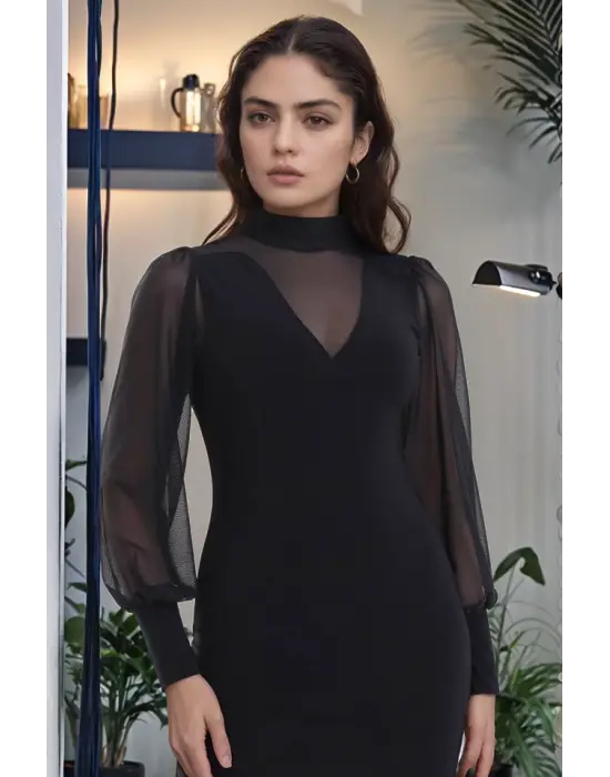 Kadın Balıkçı Yaka Transparan Detay Fırsat ürün Sandy Kumaş Mini Elbise