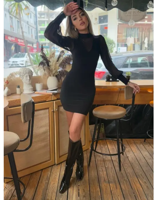 Kadın Balıkçı Yaka Transparan Detay Fırsat ürün Sandy Kumaş Mini Elbise