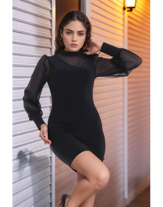 Kadın Balıkçı Yaka Transparan Detay Fırsat ürün Sandy Kumaş Mini Elbise