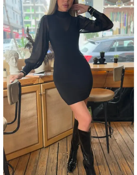 Kadın Balıkçı Yaka Transparan Detay Fırsat ürün Sandy Kumaş Mini Elbise