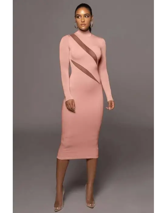 Omarı Asimetrik Tül Dekolteli Uzun Kollu Midi Boy Elbise