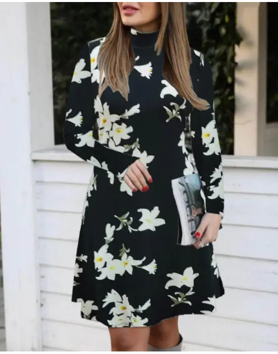 Omarı Çiçek Desenli Kadın Uzun Kollu Elbise