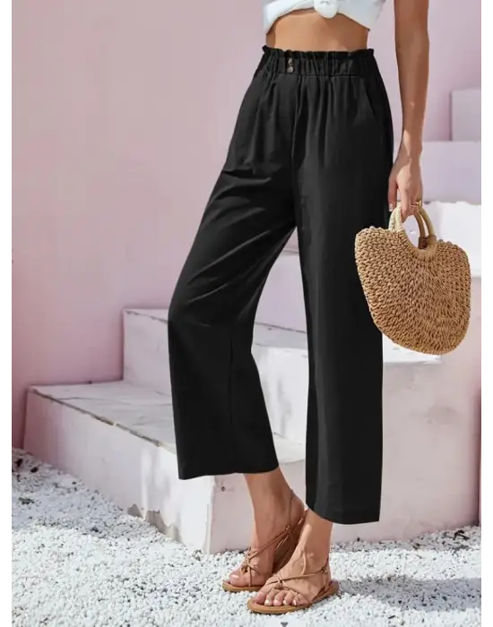 Kadın Bel Büzgü Ve Düğme Detay Kapri Keten Pantolon
