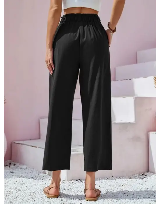 Kadın Bel Büzgü Ve Düğme Detay Kapri Keten Pantolon