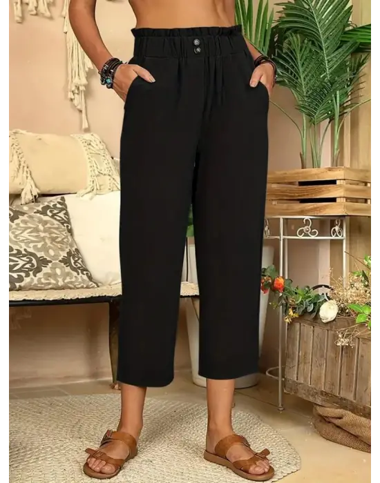 Kadın Bel Büzgü Ve Düğme Detay Kapri Keten Pantolon