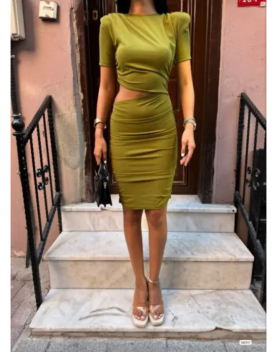 Kadın Bel Dekolteli Yanı Büzgü Detay Dalgıç Krep Kumaş Mini Elbise