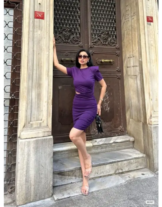 Kadın Bel Dekolteli Yanı Büzgü Detay Dalgıç Krep Kumaş Mini Elbise