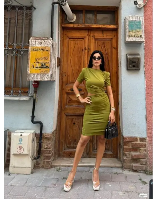 Kadın Bel Dekolteli Yanı Büzgü Detay Dalgıç Krep Kumaş Mini Elbise