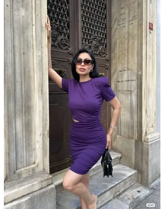 Kadın Bel Dekolteli Yanı Büzgü Detay Dalgıç Krep Kumaş Mini Elbise