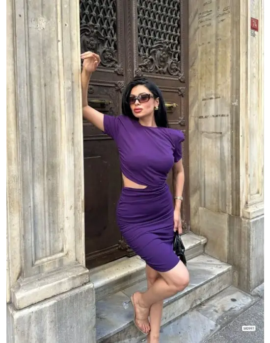 Kadın Bel Dekolteli Yanı Büzgü Detay Dalgıç Krep Kumaş Mini Elbise