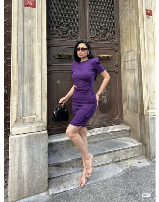 Kadın Bel Dekolteli Yanı Büzgü Detay Dalgıç Krep Kumaş Mini Elbise