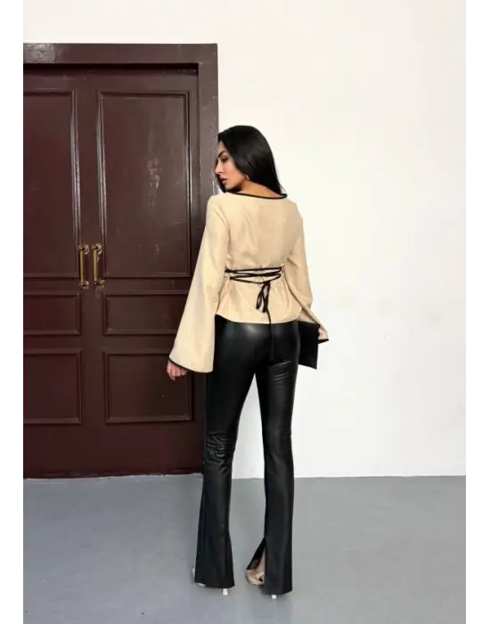 Kadın Belde Bağcık Detaylı Keten Bluz