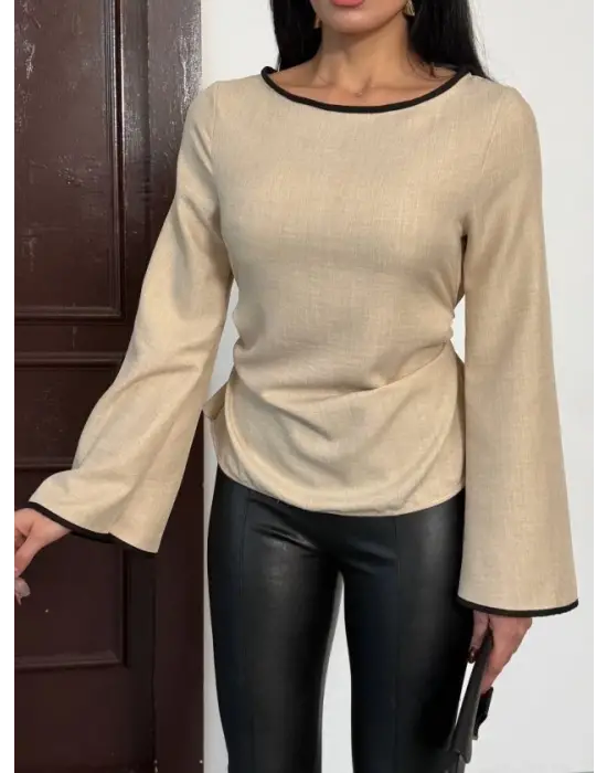 Kadın Belde Bağcık Detaylı Keten Bluz