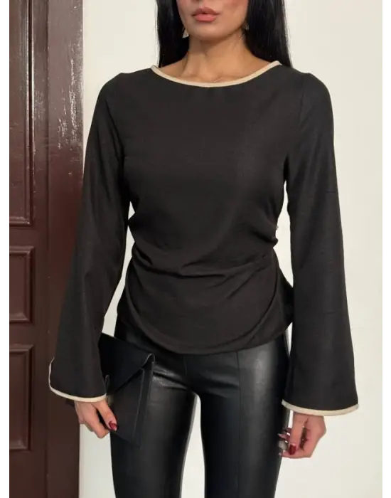 Kadın Belde Bağcık Detaylı Keten Bluz