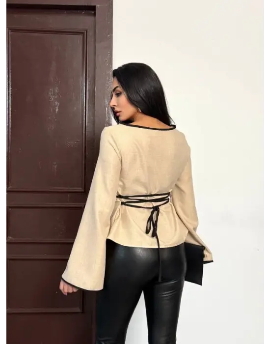 Kadın Belde Bağcık Detaylı Keten Bluz