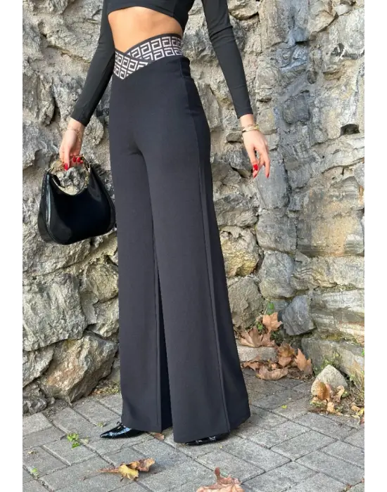 Kadın Belde Kruvaze Ve Ribana Detay Ispanyol Paça Ithal Krep Pantolon