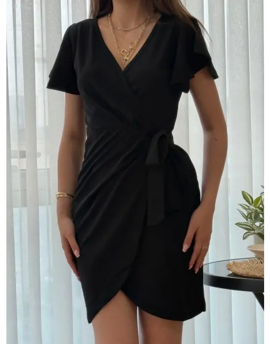 Omarı Şık Kruvaze Yakalı Belden Bağlamalı Elbise