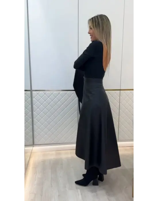 Kadın Belden Kuşaklı Uzun Deri Etek