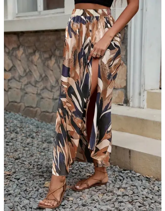 Kadın Beli Büzgülü Yandan Yırtmaçlı Desenli Süprem Etek