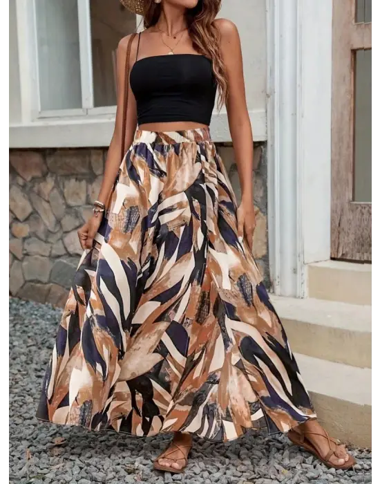 Kadın Beli Büzgülü Yandan Yırtmaçlı Desenli Süprem Etek