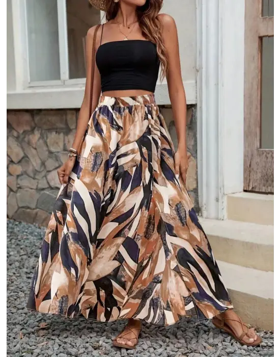 Kadın Beli Büzgülü Yandan Yırtmaçlı Desenli Süprem Etek