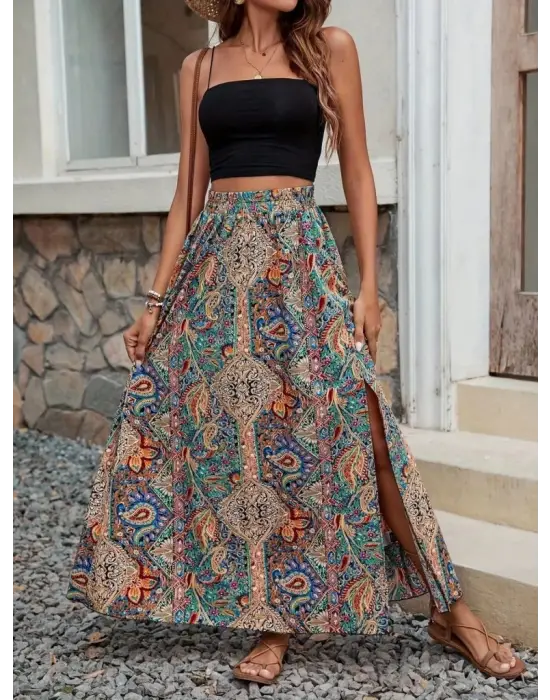 Omarı Desenli Süprem Etek - Kadın Beli Büzgülü ve Yandan Yırtmaçlı