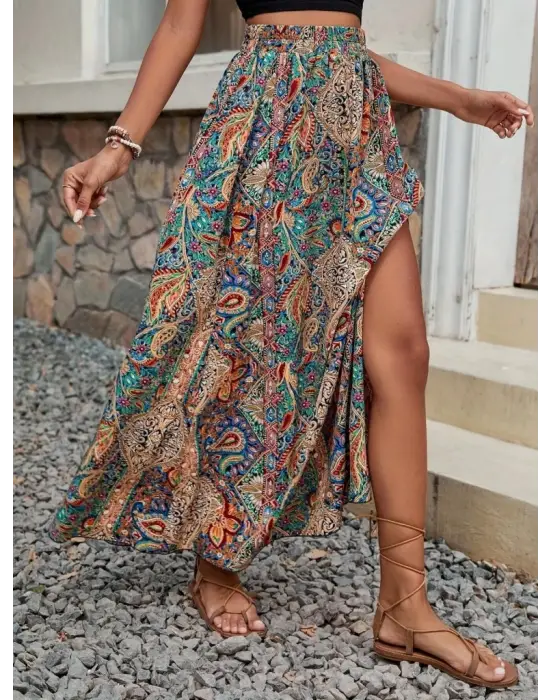 Kadın Beli Büzgülü Yandan Yırtmaçlı Desenli Süprem Etek