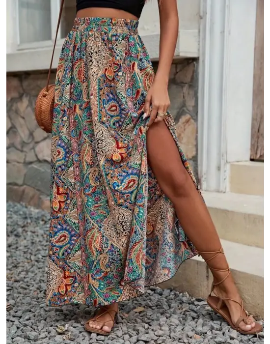 Omarı Desenli Süprem Etek - Kadın Beli Büzgülü ve Yandan Yırtmaçlı