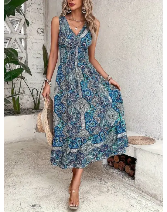 Kadın Beli Gipeli Etnik Desen Sıfır Kol Süprem Elbise