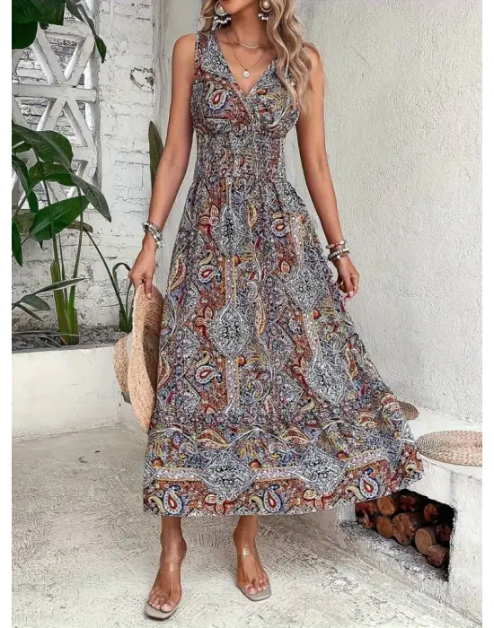 Kadın Beli Gipeli Etnik Desen Sıfır Kol Süprem Elbise