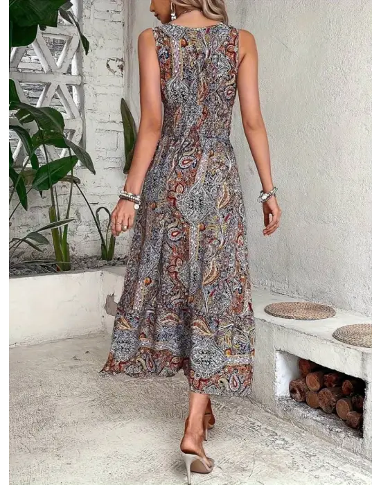 Kadın Beli Gipeli Etnik Desen Sıfır Kol Süprem Elbise