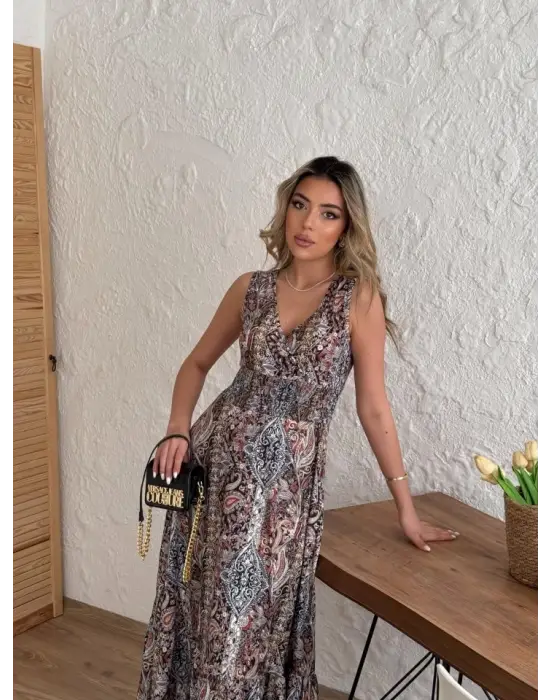 Omarı Etnik Desenli Beli Gipeli Süprem Elbise
