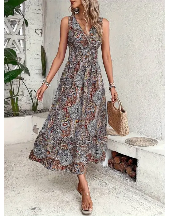 Kadın Beli Gipeli Etnik Desen Sıfır Kol Süprem Elbise