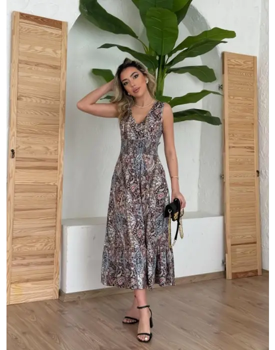 Omarı Etnik Desenli Beli Gipeli Süprem Elbise