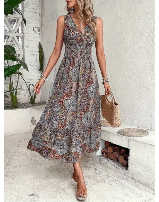 Omarı Etnik Desenli Kadın Beli Gipeli Elbise