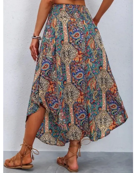 Kadın Beli Lastikli Bağcıklı Asimetrik Kesim Detaylı Desenli Bürümcük Etek