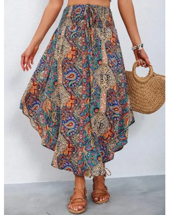 Kadın Beli Lastikli Bağcıklı Asimetrik Kesim Detaylı Desenli Bürümcük Etek