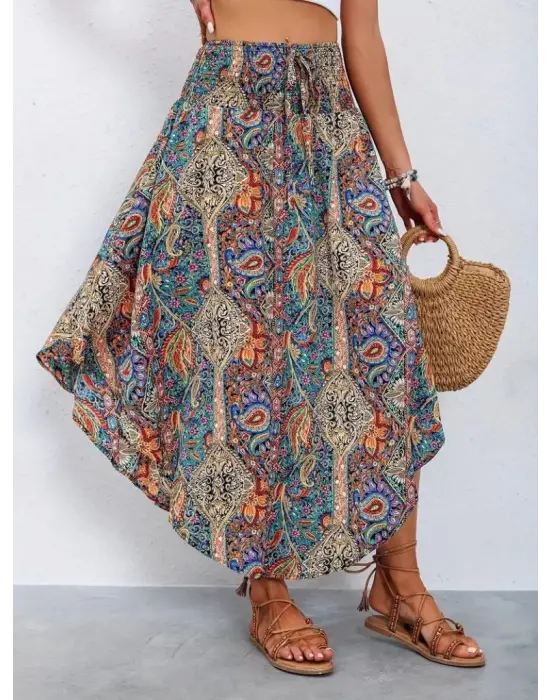 Kadın Beli Lastikli Bağcıklı Asimetrik Kesim Detaylı Desenli Bürümcük Etek