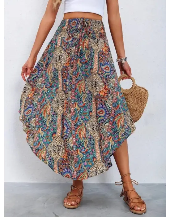 Kadın Beli Lastikli Bağcıklı Asimetrik Kesim Detaylı Desenli Bürümcük Etek