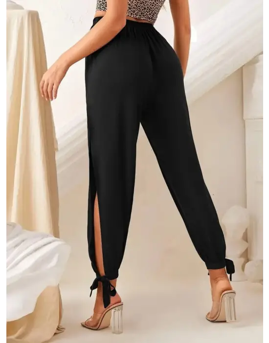 Kadın Beli Lastikli Bağcıklı Yanları Yırtmaç Detaylı Bilekten Bağcıklı Viskon Pantolon