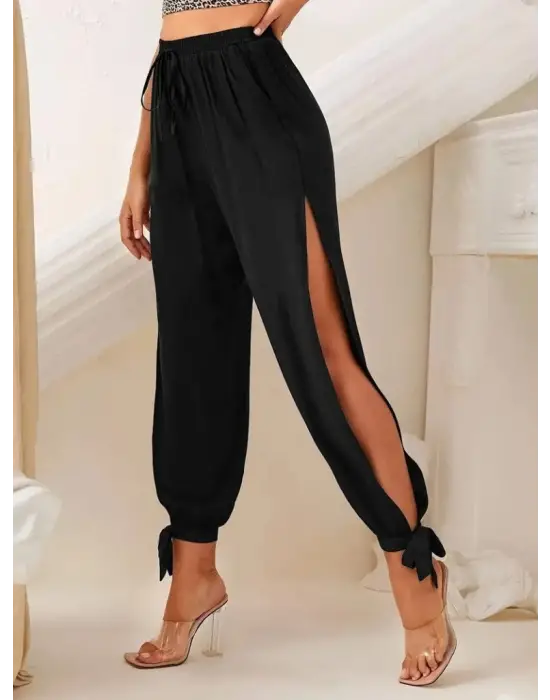 Kadın Beli Lastikli Bağcıklı Yanları Yırtmaç Detaylı Bilekten Bağcıklı Viskon Pantolon