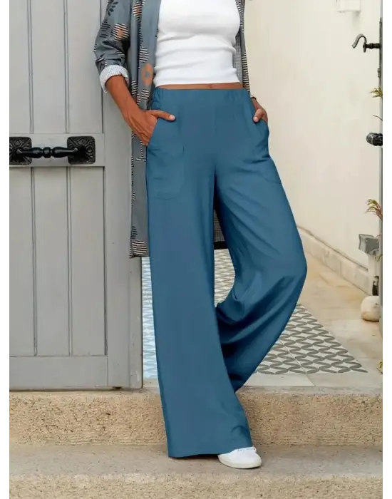 Kadın Beli Lastikli Cepli Palazzo Aerobin Pantolon