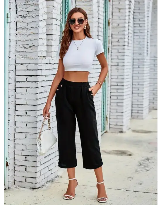 Kadın Beli Lastikli Düğme Ve Cep Detaylı Kapri Ithal Keten Pantolon
