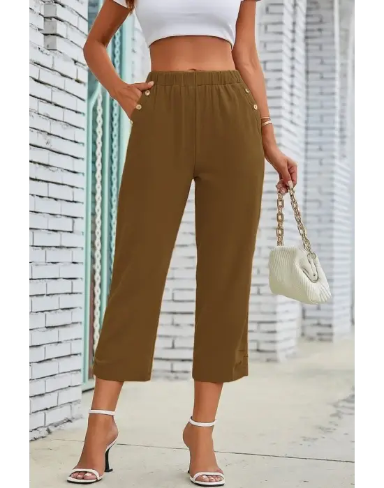 Kadın Beli Lastikli Düğme Ve Cep Detaylı Kapri Ithal Keten Pantolon