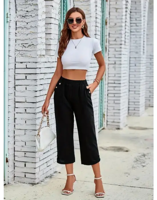 Kadın Beli Lastikli Düğme Ve Cep Detaylı Kapri Ithal Keten Pantolon