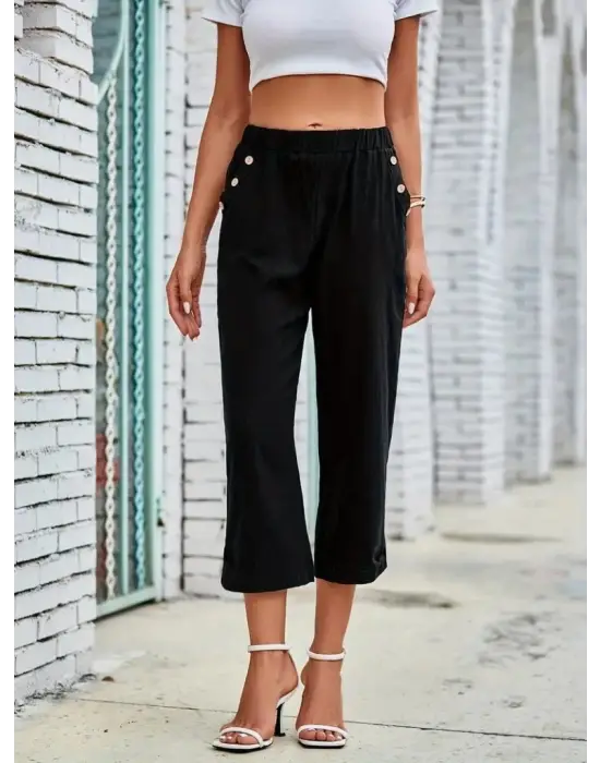Kadın Beli Lastikli Düğme Ve Cep Detaylı Kapri Ithal Keten Pantolon