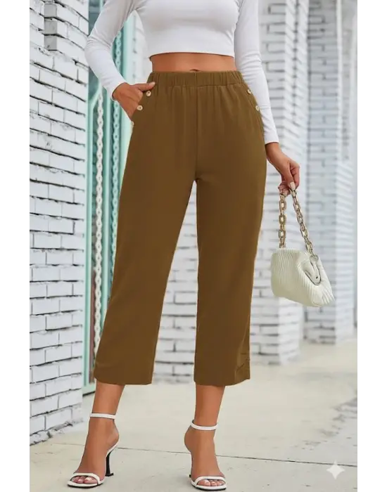 Kadın Beli Lastikli Düğme Ve Cep Detaylı Kapri Ithal Keten Pantolon